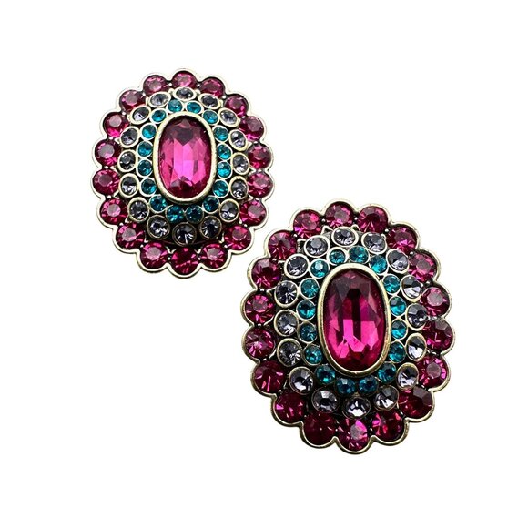 Heidi Daus Hot Pink Blue Purple Crystal Bronze Clip Earrings - Picture 1 of 2